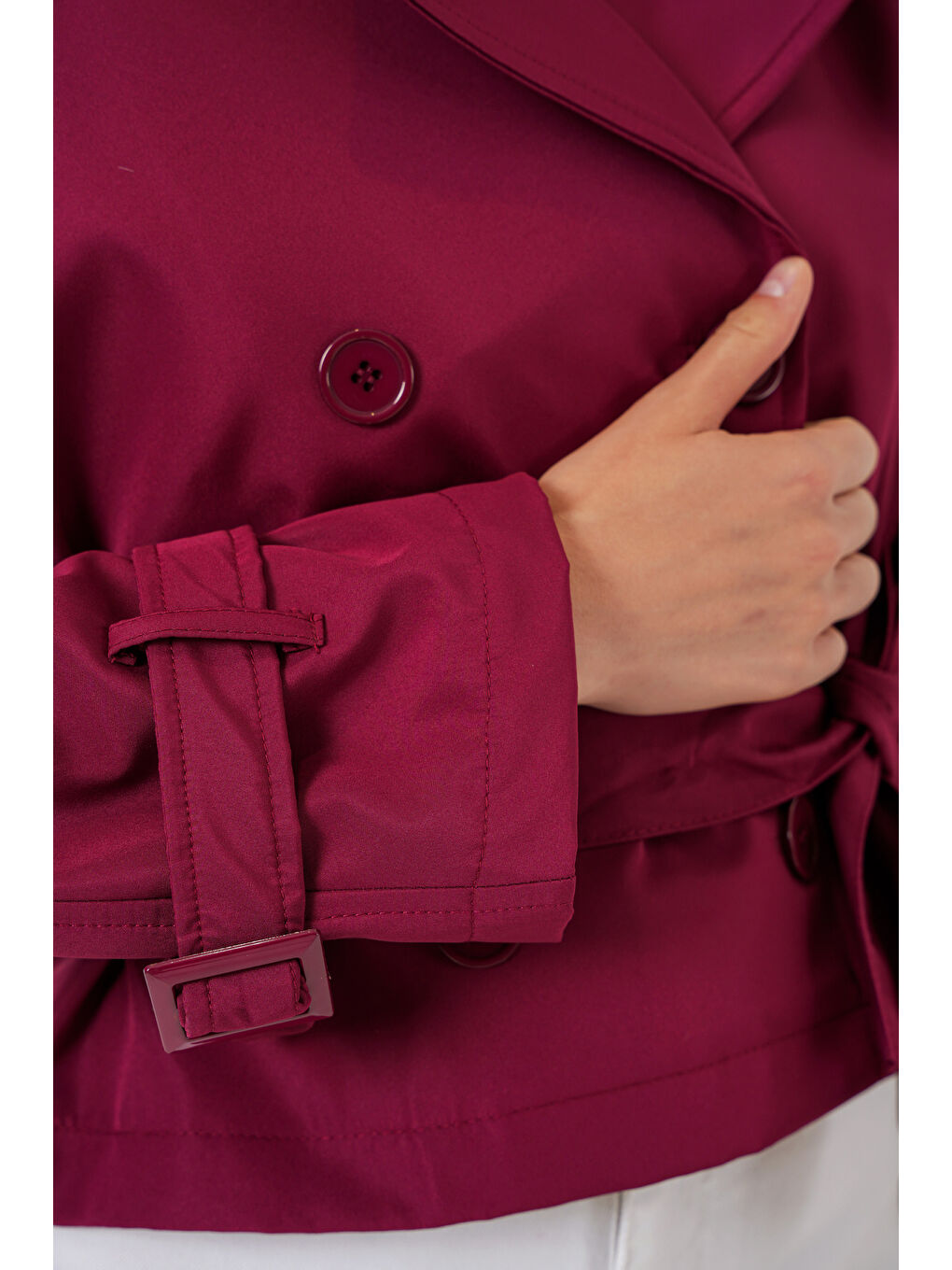 Kadın Kemerli Kısa Trençkot 5970 - Bordo-4