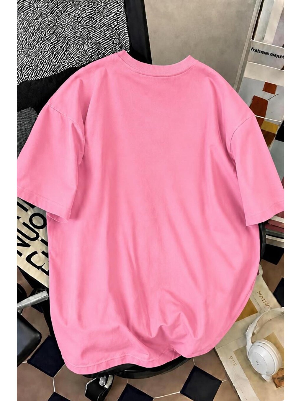 Pembe Harajuku Japon Yazılı Kedi Tasarımlı Unisex Oversize T-shirt-1