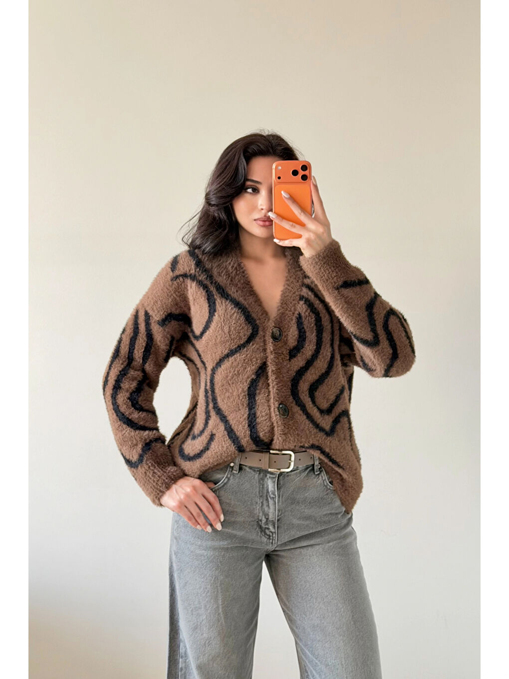 Kahverengi Kadın Kahve Zebra Desen Pelüş Hırka 1014-2520-5