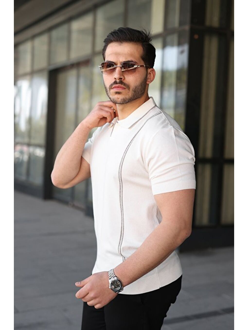 Beyaz Erkek Çizgi Detaylı Polo Yaka Triko Tişört-1