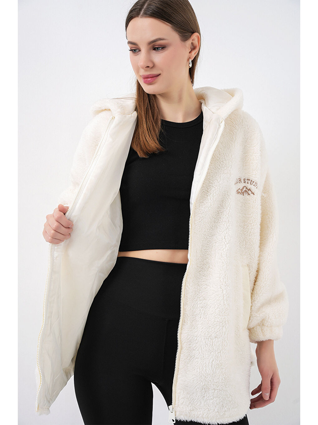 Kadın Oversize Kapüşonlu Pelüş Kaban 5207 - Ekru-5