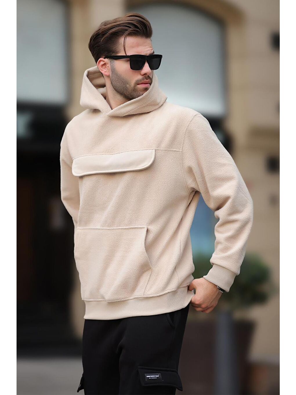 Madmext Bej Kapüşonlu Kapaklı Cep Detaylı Polar Erkek Sweatshirt 7097 - 1