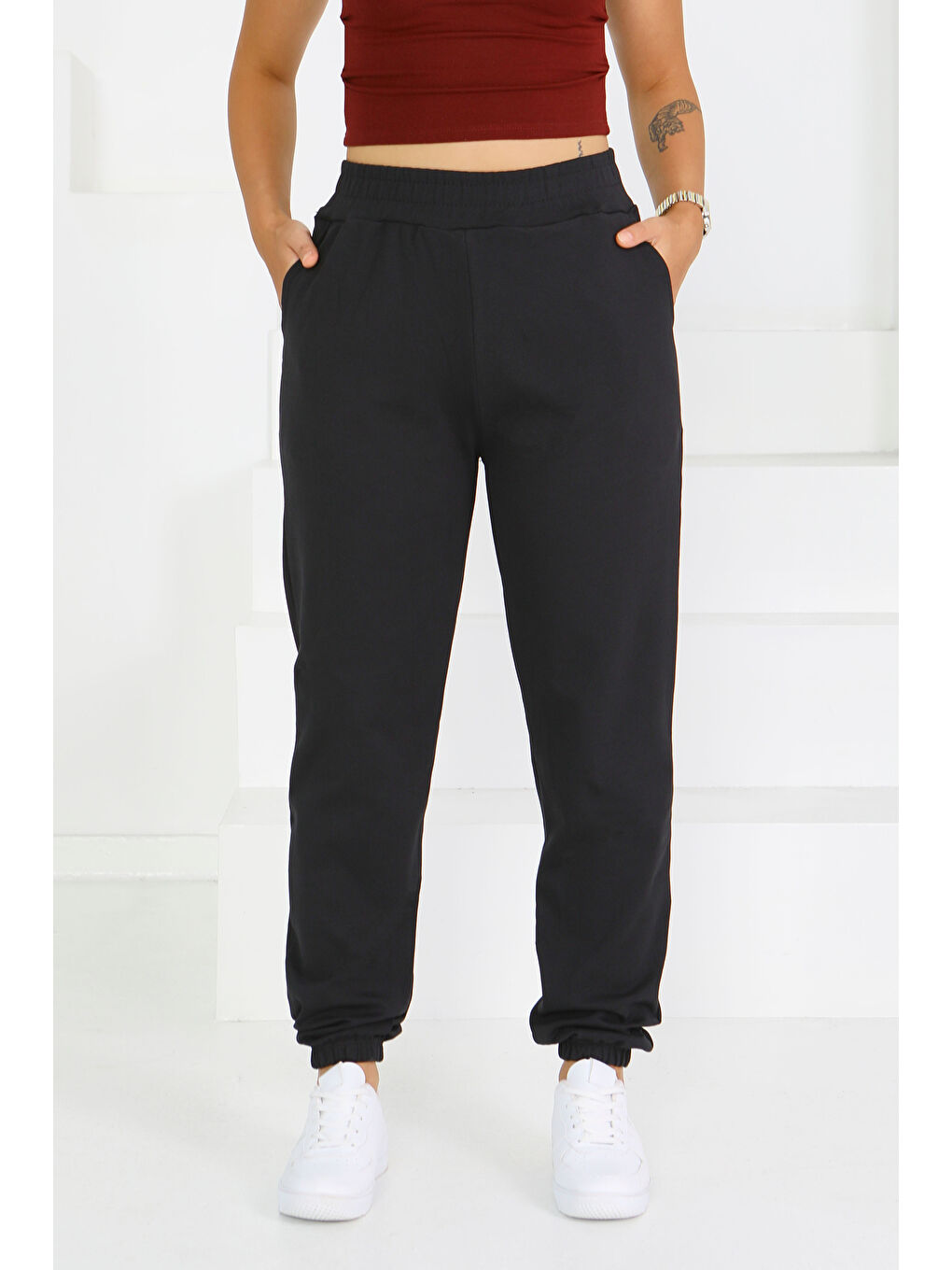 Cepli Paça Lastikli İki İplik Eşofman Altı Siyah - 27675-2