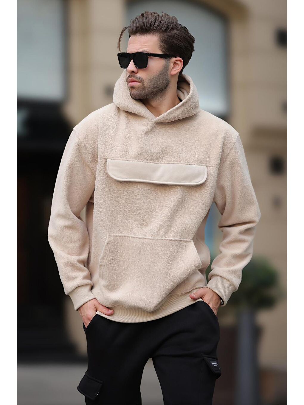 Madmext Bej Kapüşonlu Kapaklı Cep Detaylı Polar Erkek Sweatshirt 7097 - 2