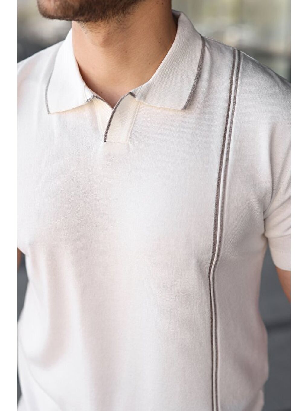 Beyaz Erkek Çizgi Detaylı Polo Yaka Triko Tişört-2