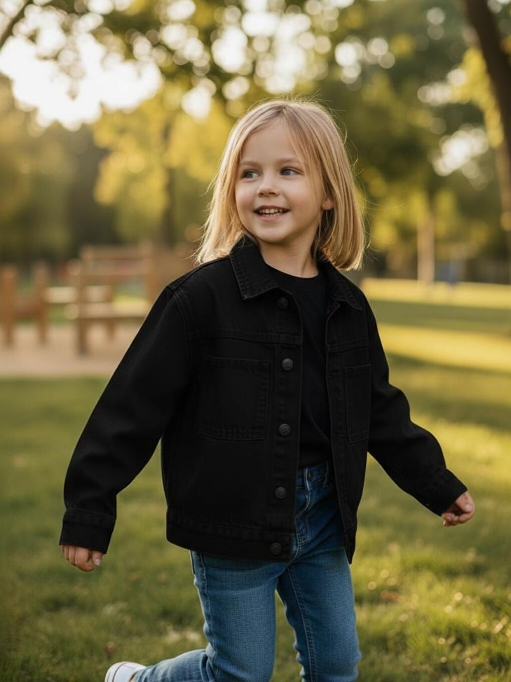 Siyah Unisex Çocuk Pamuklu Uzun Kollu Cep Detayli Denim Ceket