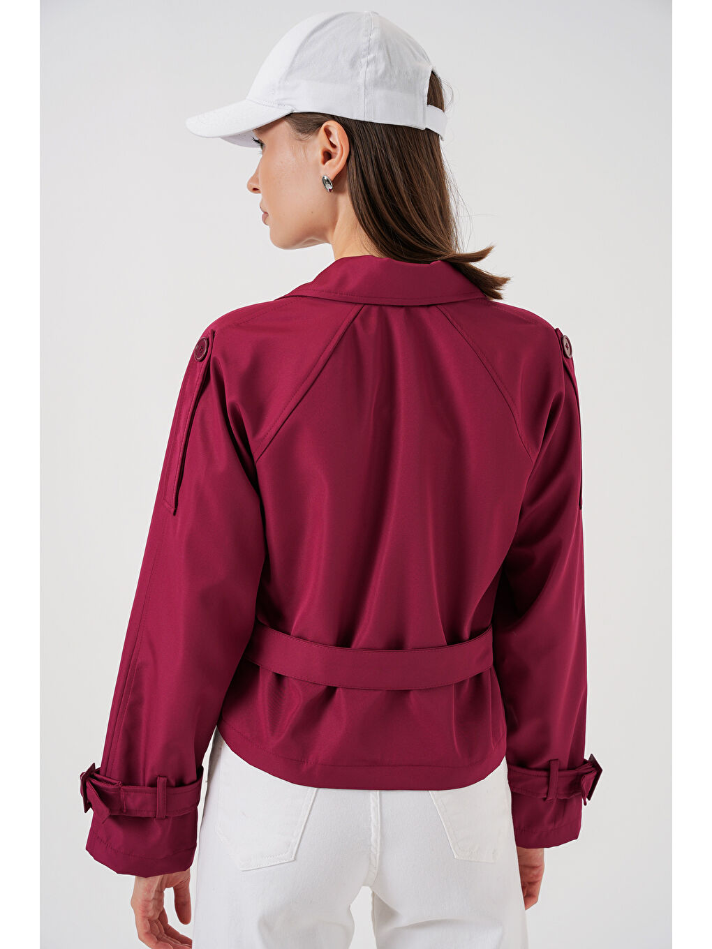 Kadın Kemerli Kısa Trençkot 5970 - Bordo-5