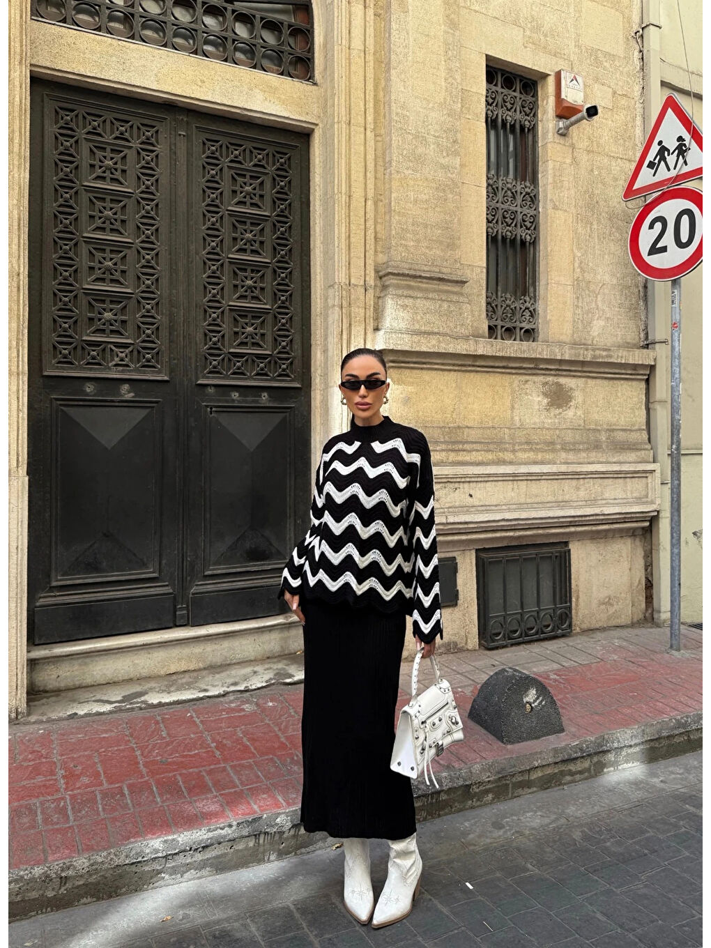 Zigzak Desenli Kazak Ve Elbise Triko Takım Siyah-4