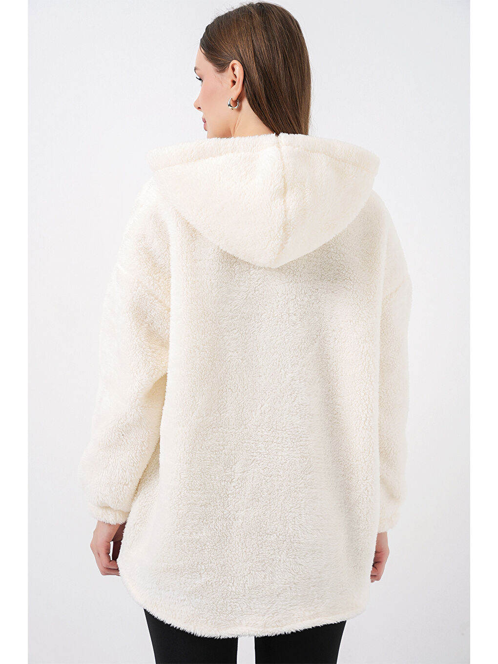 Kadın Oversize Kapüşonlu Pelüş Kaban 5207 - Ekru-7