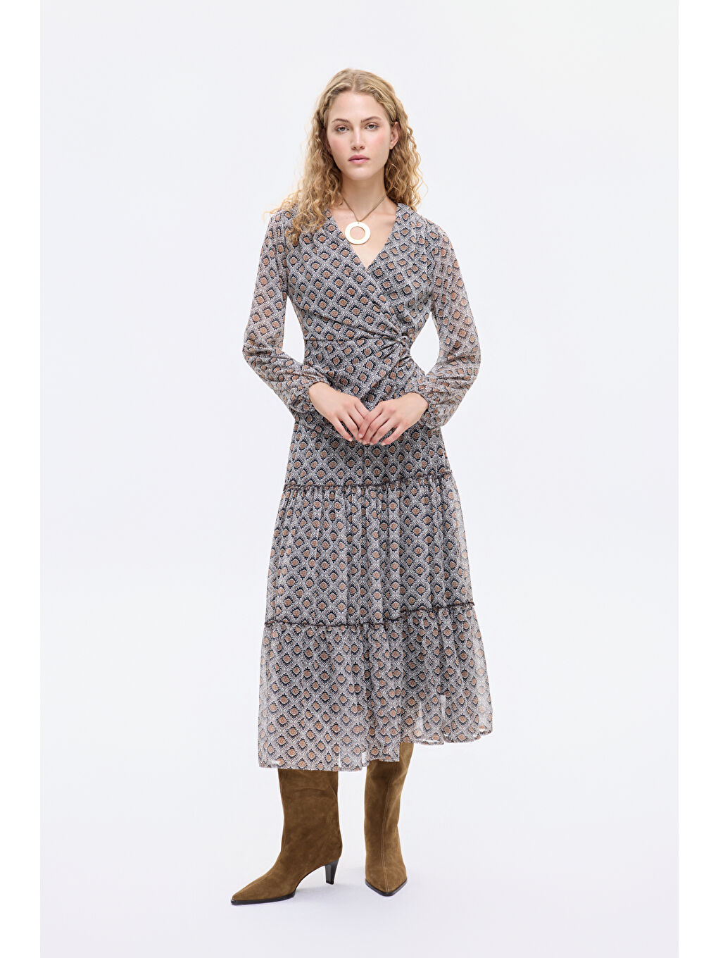 Retro Geometrik Desenli Kruvaze Bağlamalı Bluz Kahverengi-3