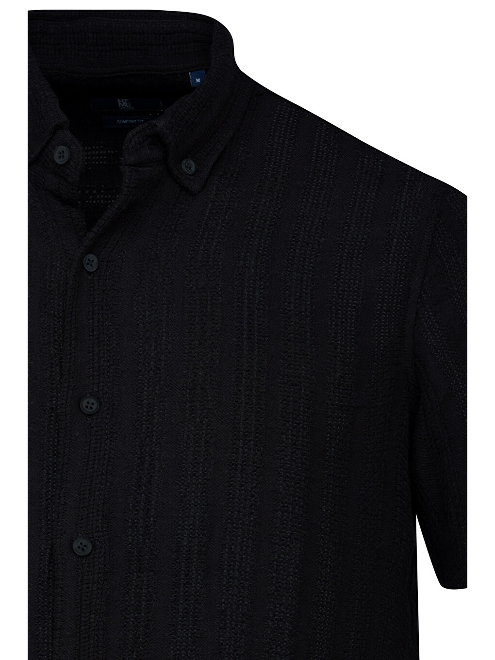 Siyah Comfort Fit Çizgili Düğmeli Yaka 100% Pamuk Kısa Kollu Casual Gömlek-1