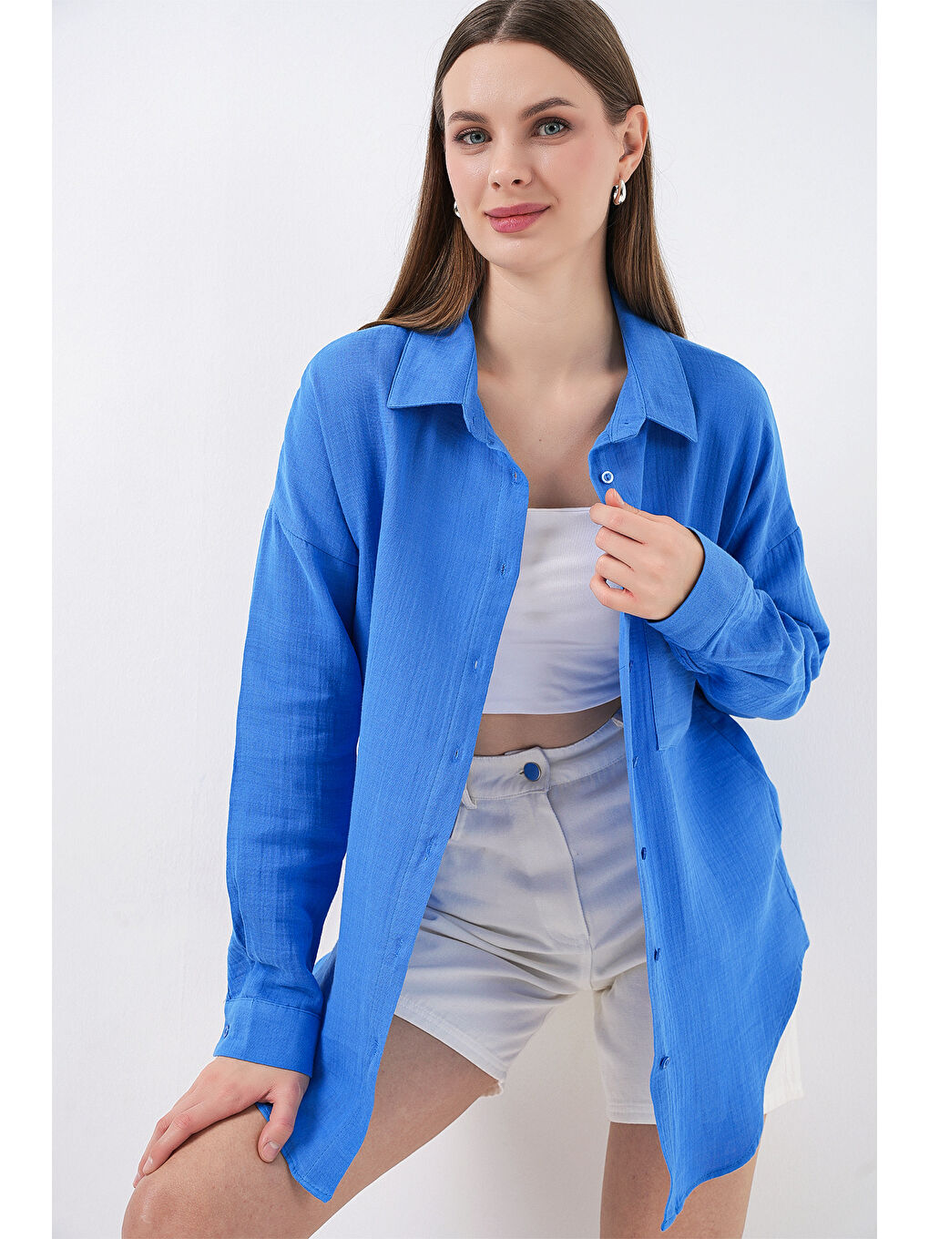 Kadın Tek Cepli Oversize Müslin Gömlek 20353 - Mavi