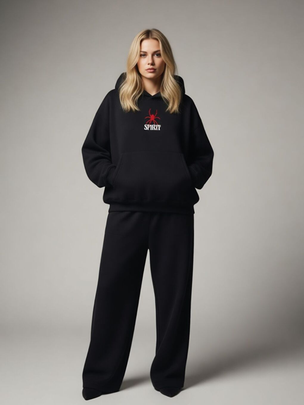 Siyah Spirits Baskılı Oversize Kapüşonlu Sweatshirt Hoodie-1