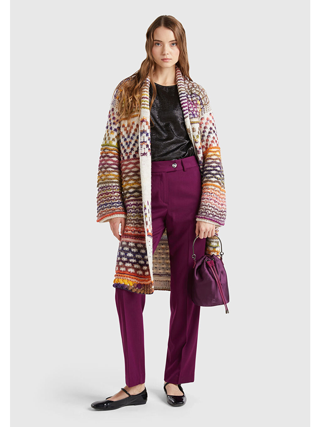 Karışık Kadın Çok Renkli Yün Karışımlı Çok Renkli Beli Kemerli Düğmesiz Hırka-1