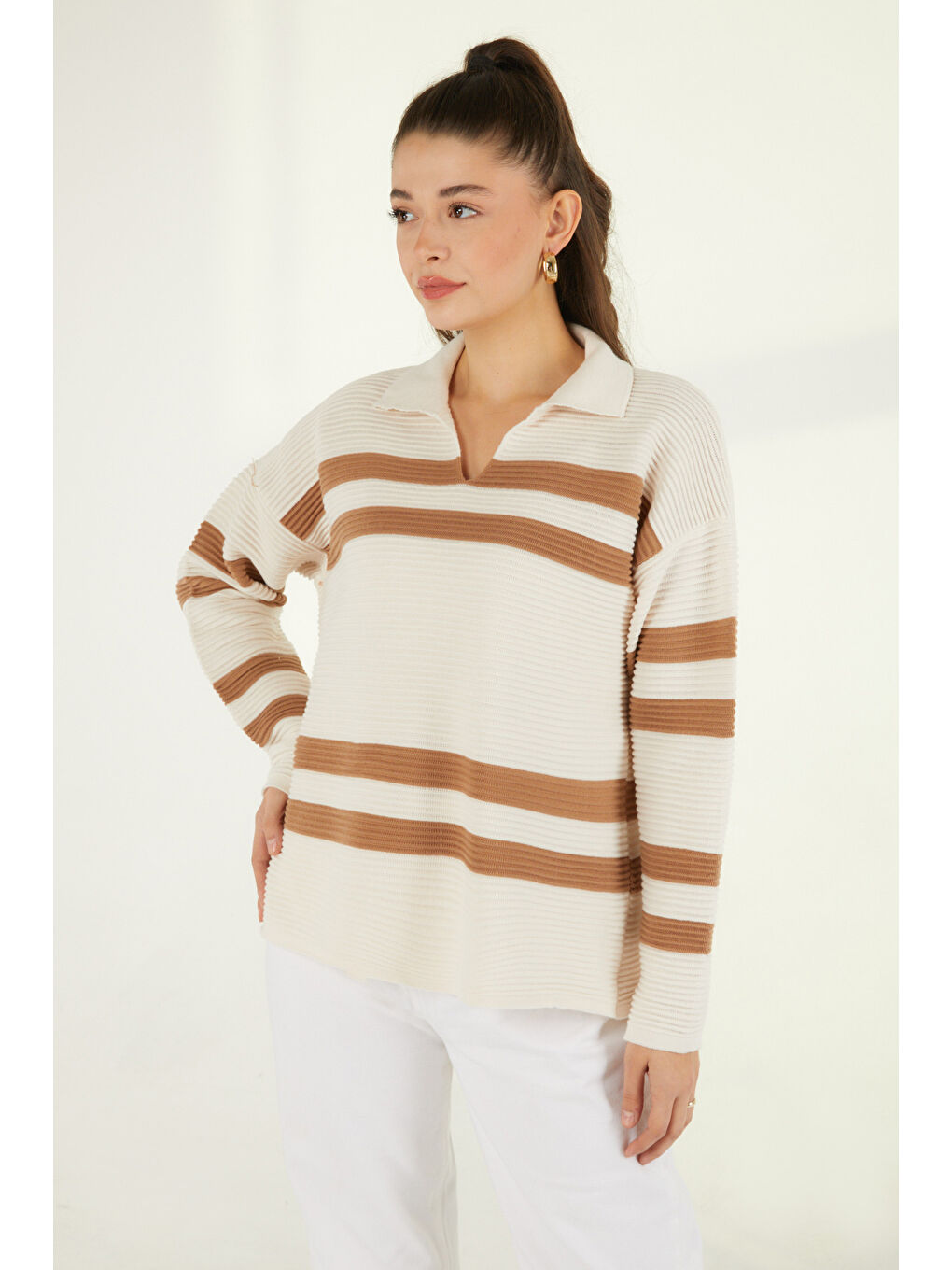 Bej Çizgili Fitilli Trkio Kazak Vizon - 27634-1