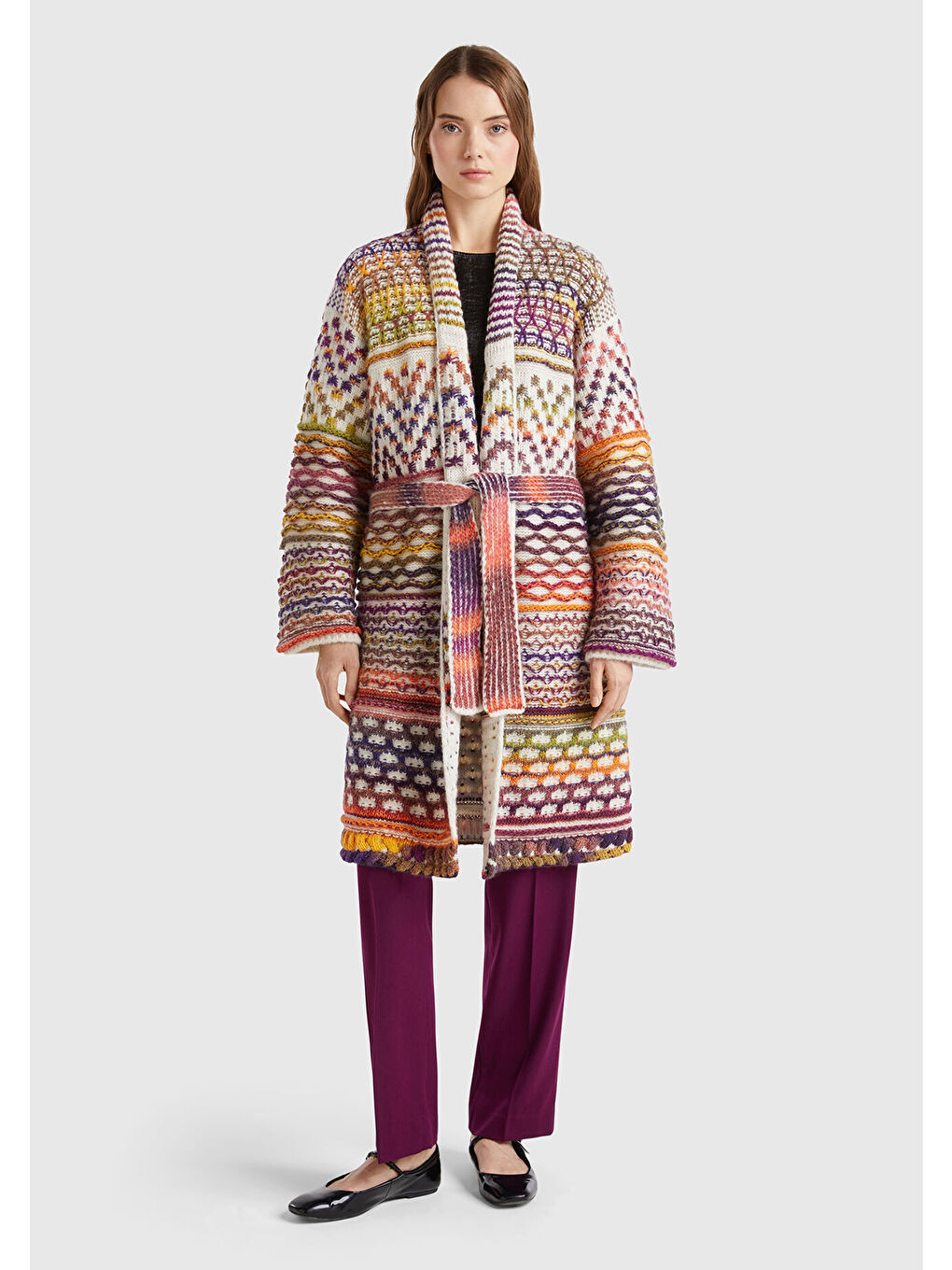 Karışık Kadın Çok Renkli Yün Karışımlı Çok Renkli Beli Kemerli Düğmesiz Hırka-2