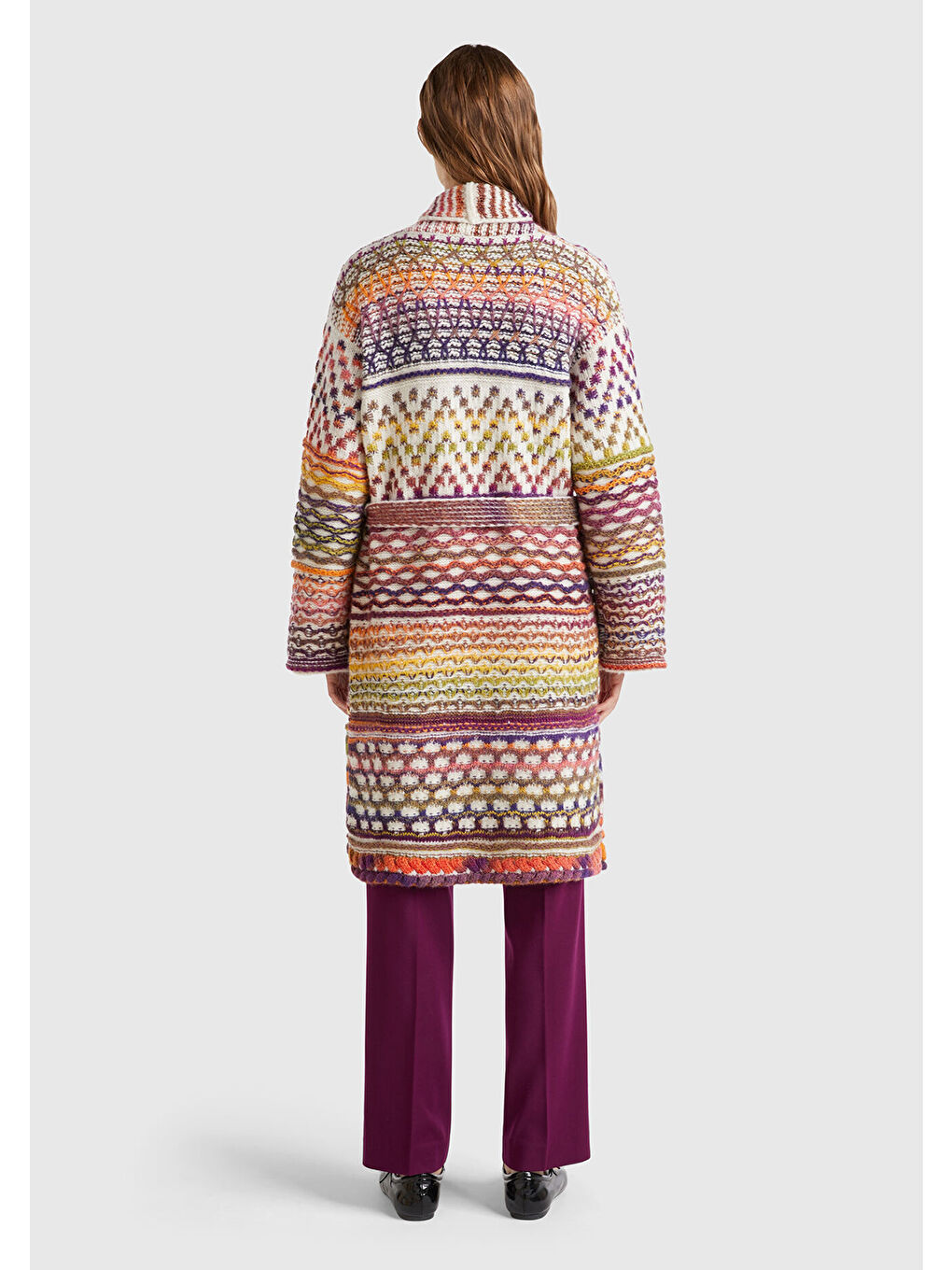 Karışık Kadın Çok Renkli Yün Karışımlı Çok Renkli Beli Kemerli Düğmesiz Hırka-3