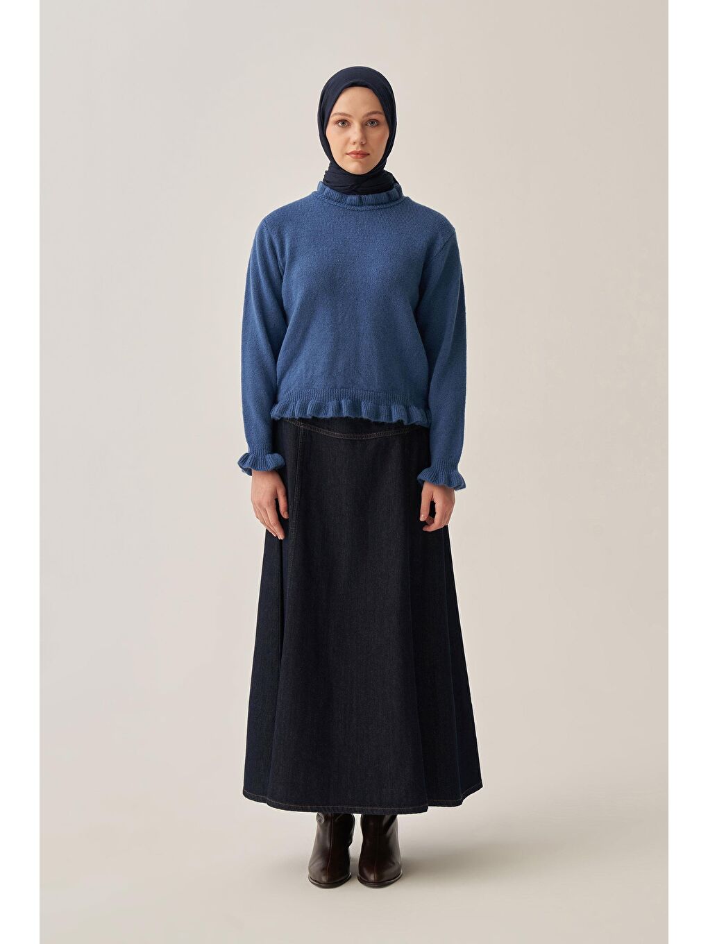 İndigo-Yakası Fırfırlı Kısa Kazak-1