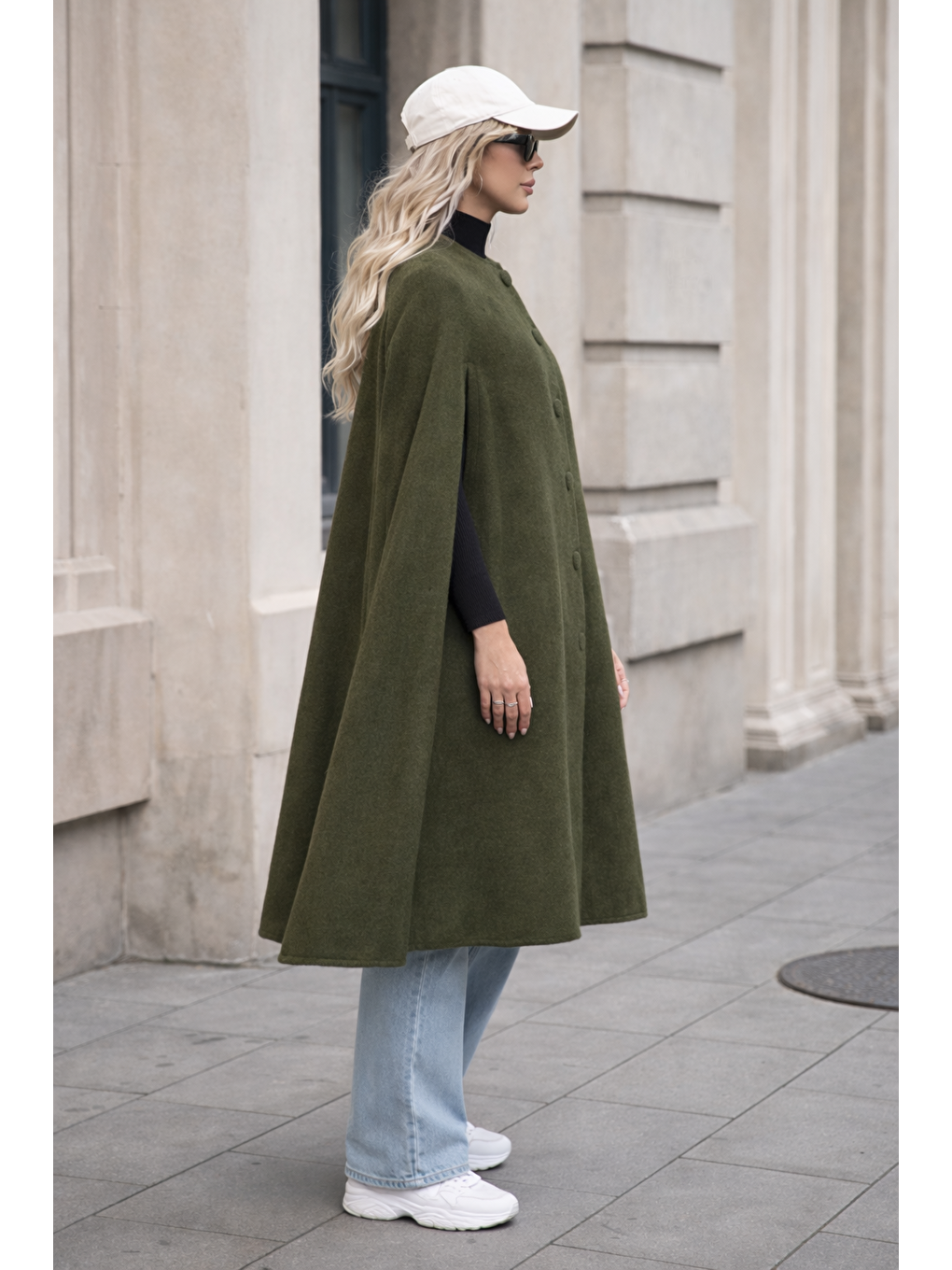 Kadın Düğmeli Premium Comfort Haki Kaşe Panço-1