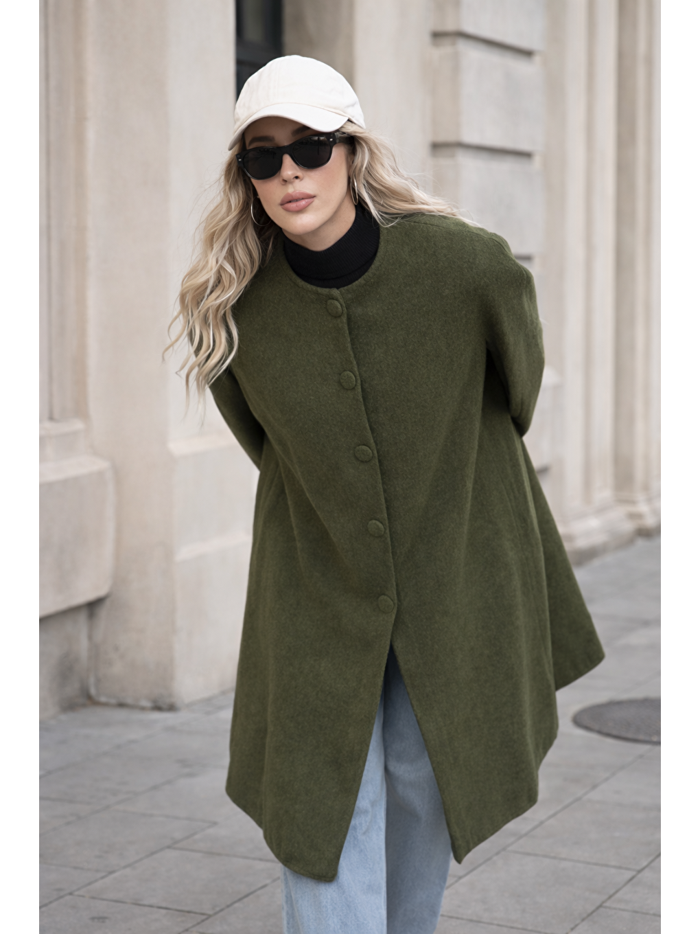 Kadın Düğmeli Premium Comfort Haki Kaşe Panço-2