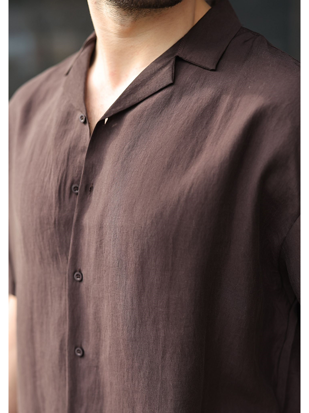 Kahverengi Kumaş Erkek Şort Gömlek Takım E7352-2