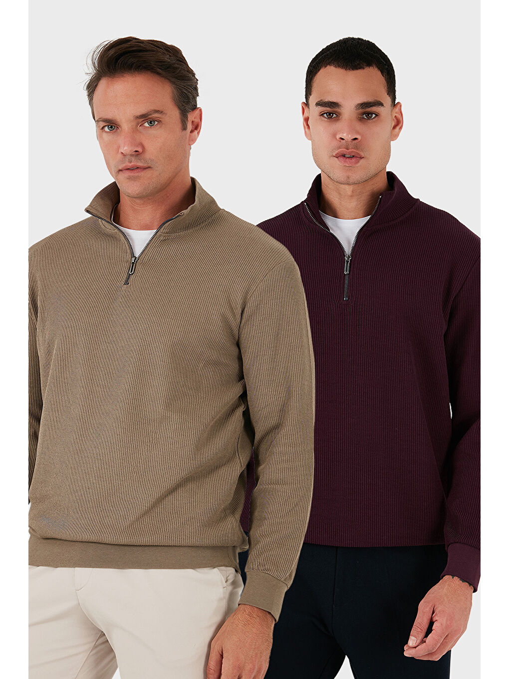 Bej Pamuklu Regular Fit Yarım Fermuarlı Dik Yaka 2'li Paket Sweat 5905716S2