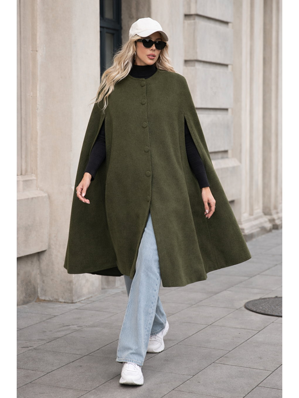 Kadın Düğmeli Premium Comfort Haki Kaşe Panço-3