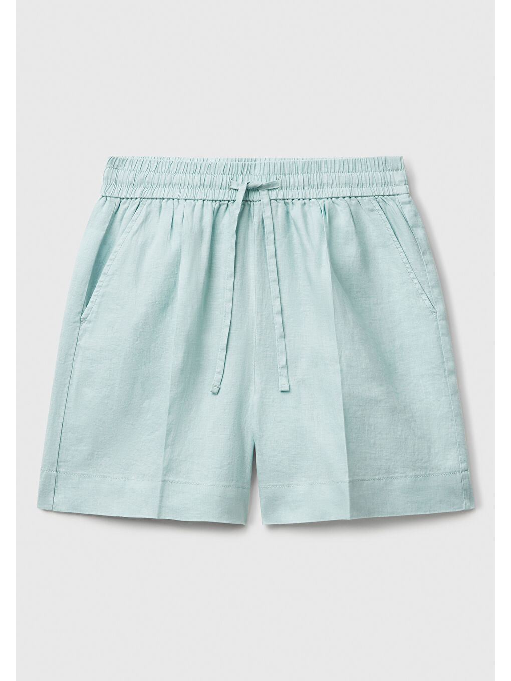 Turkuaz Kadın Su Yeşili %100 Keten Büzgü İpli Cepli Bermuda Şort-1