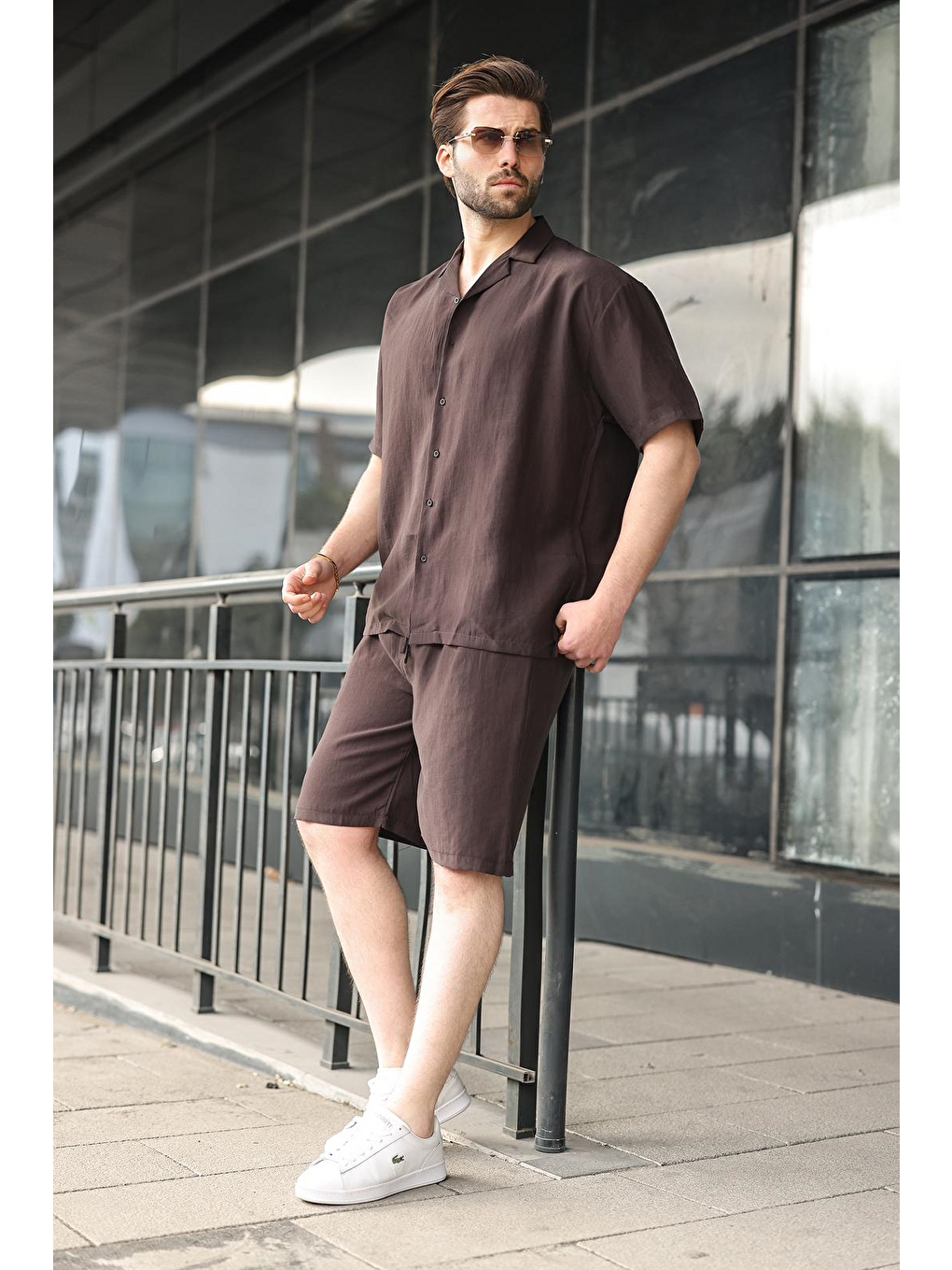 Kahverengi Kumaş Erkek Şort Gömlek Takım E7352-4