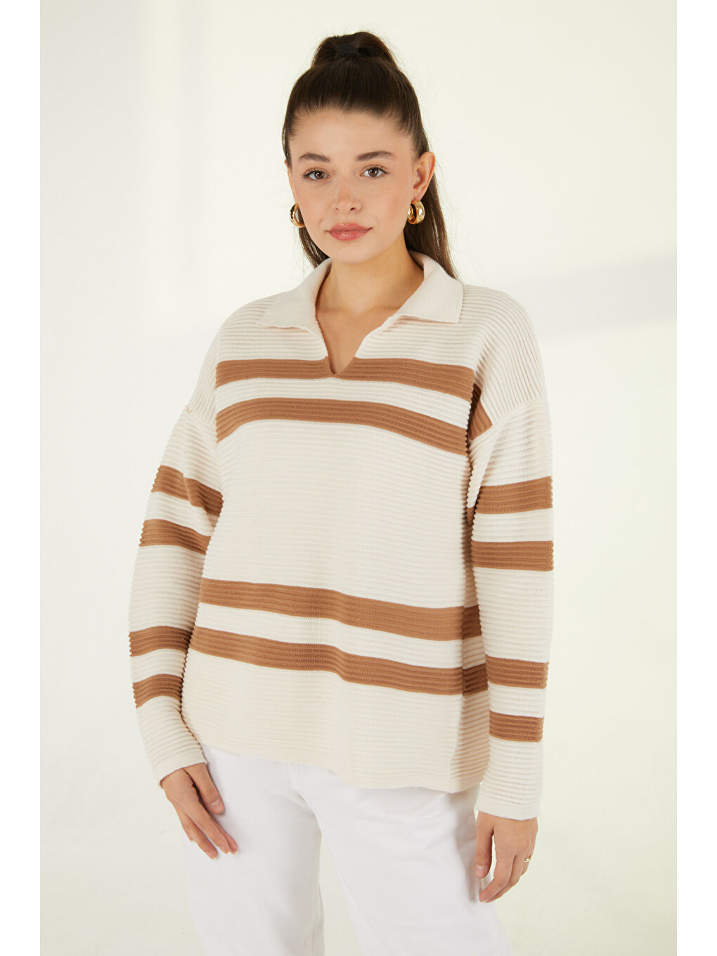 Bej Çizgili Fitilli Trkio Kazak Vizon - 27634-2