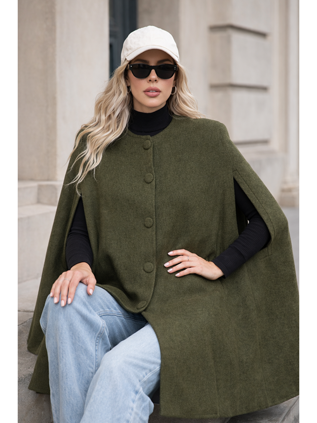 Kadın Düğmeli Premium Comfort Haki Kaşe Panço-4