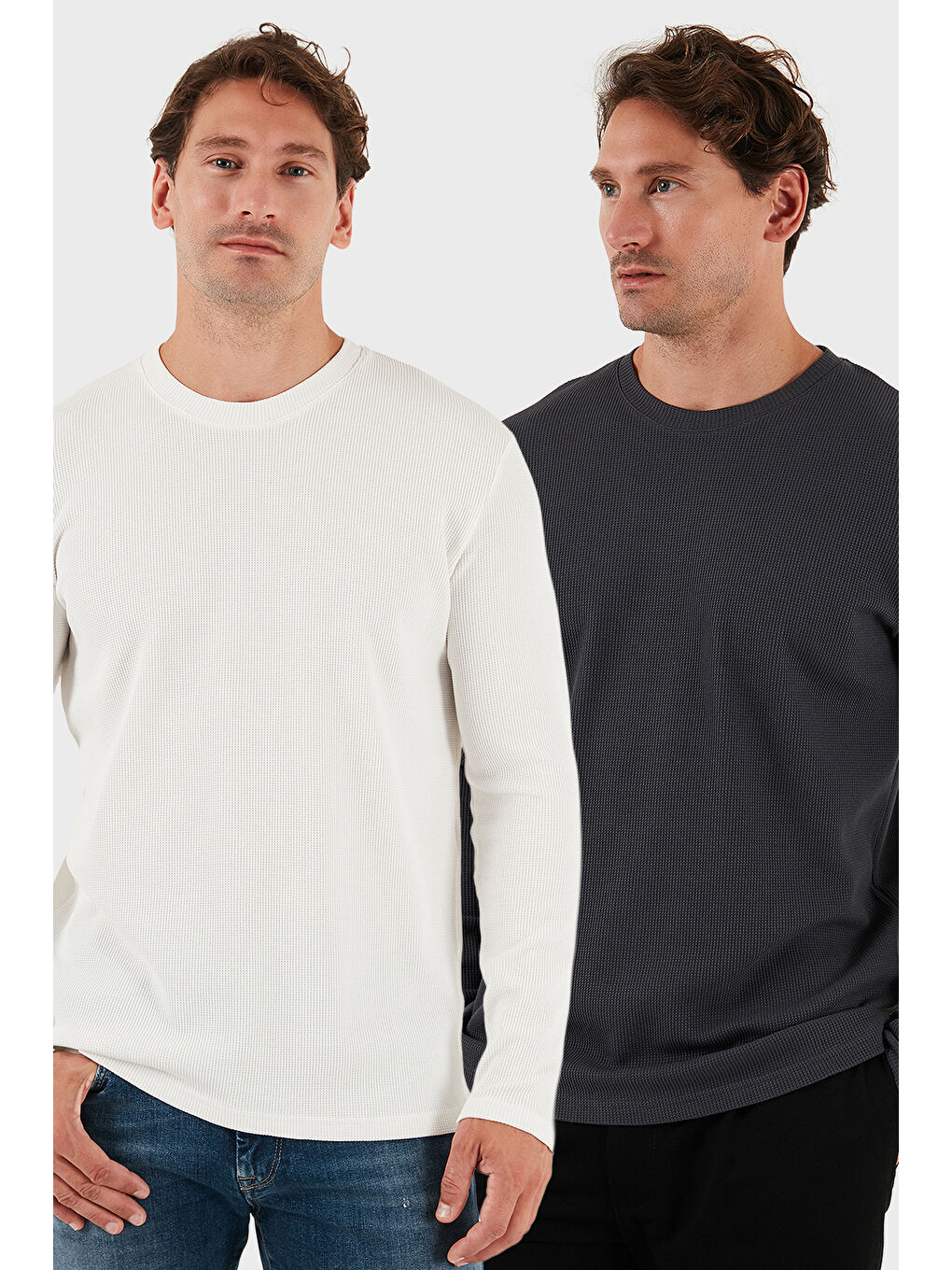 Ekru Pamuklu Bisiklet Yaka Slim Fit Basic 2'li Paket Sweat 5905073S2