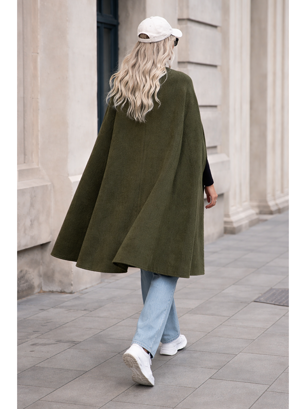 Kadın Düğmeli Premium Comfort Haki Kaşe Panço-5