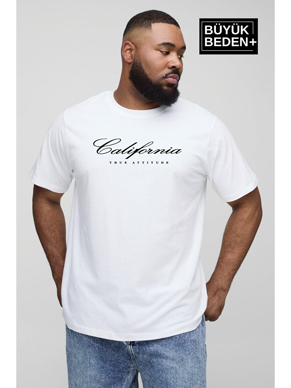 Beyaz Erkek Büyük Beden El Yazılı California Baskılı 3xl-6xl Bisiklet Yaka Tshırt Spr26tbs510-07-1