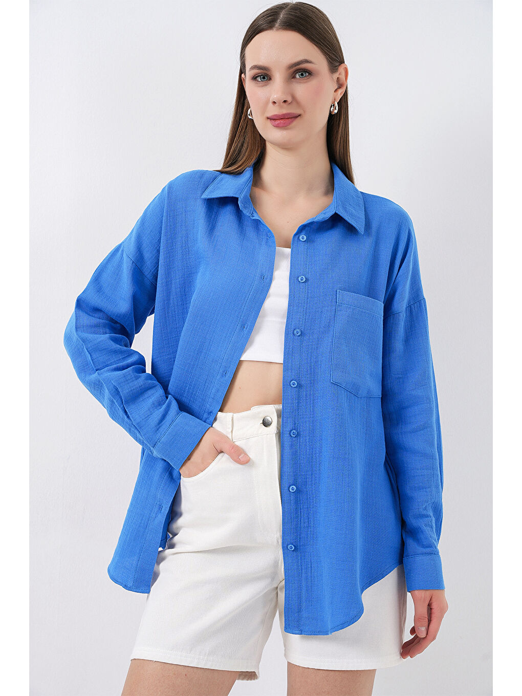 Kadın Tek Cepli Oversize Müslin Gömlek 20353 - Mavi-2