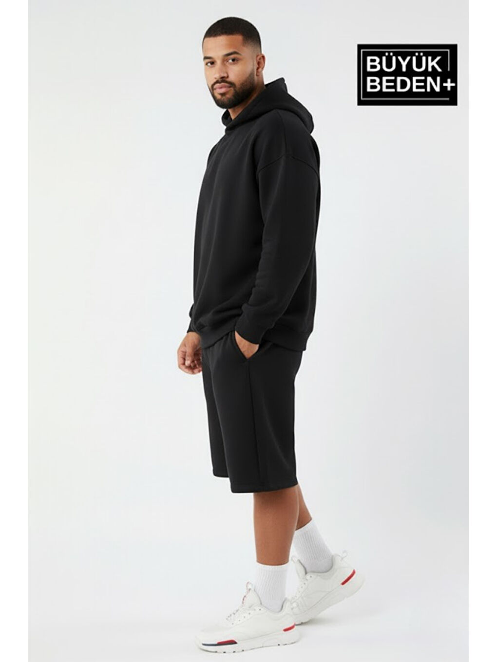 Siyah Erkek Büyük Beden 2' li Set Kapüşonlu Kollar Ve Etek Ribanalı ince Swatshırt SPR26BSW957+2-1