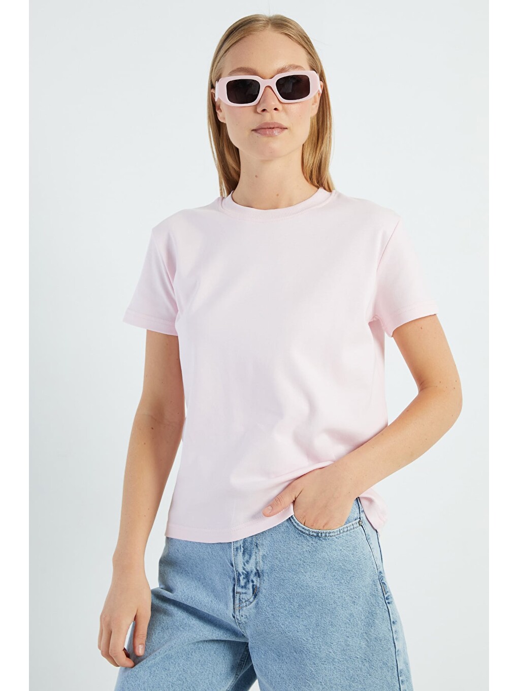 Pembe Basic Bisiklet Yaka Salaş Tişört