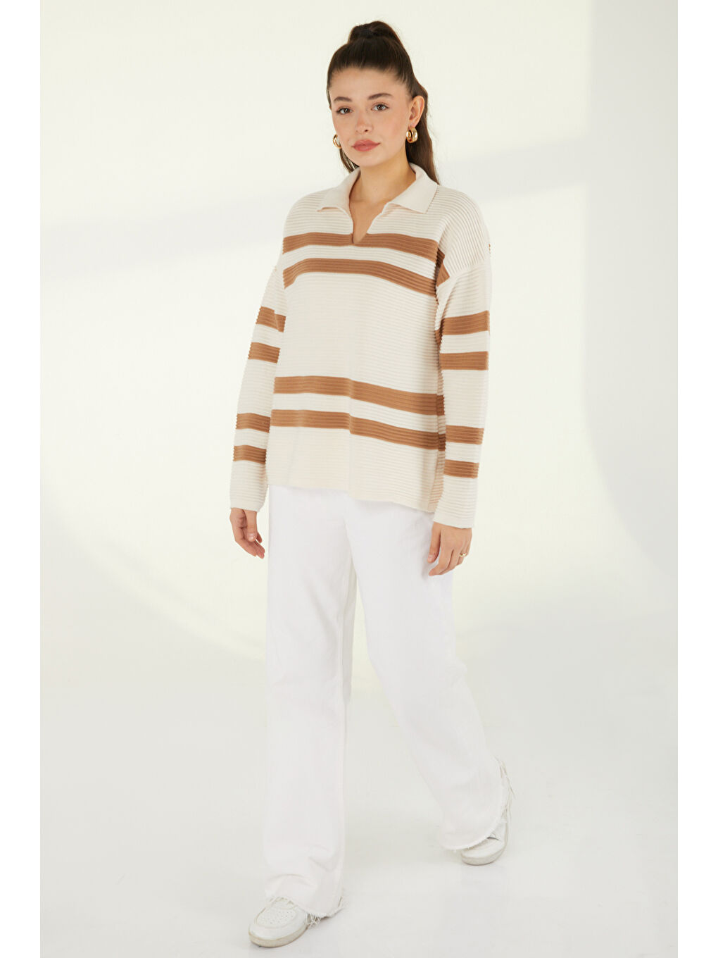 Bej Çizgili Fitilli Trkio Kazak Vizon - 27634-3