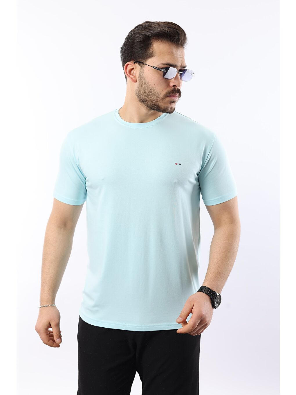 Mavi Erkek Kısa Kol Yazlık Bisiklet Yaka Dar Mint Tişört-2