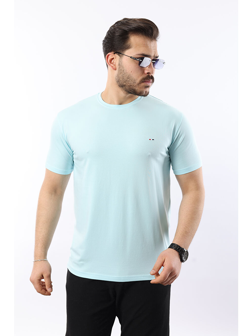 Mavi Erkek Kısa Kol Yazlık Bisiklet Yaka Dar Mint Tişört-3