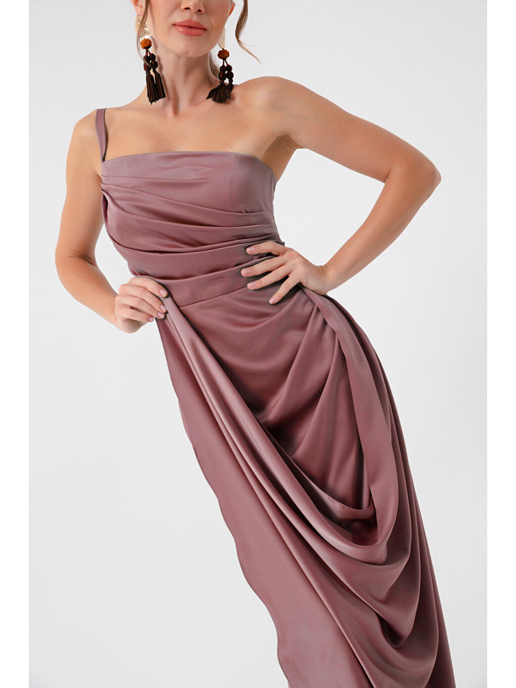 Pembe Kadın Somon Tek Omuzlu Saten Abiye & Mezuniyet Elbisesi-1