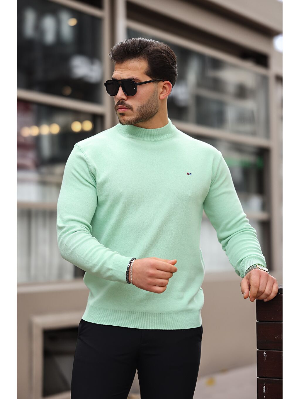 Yeşil Erkek Yarım Balıkçı Yaka Pamuklu Triko Kazak