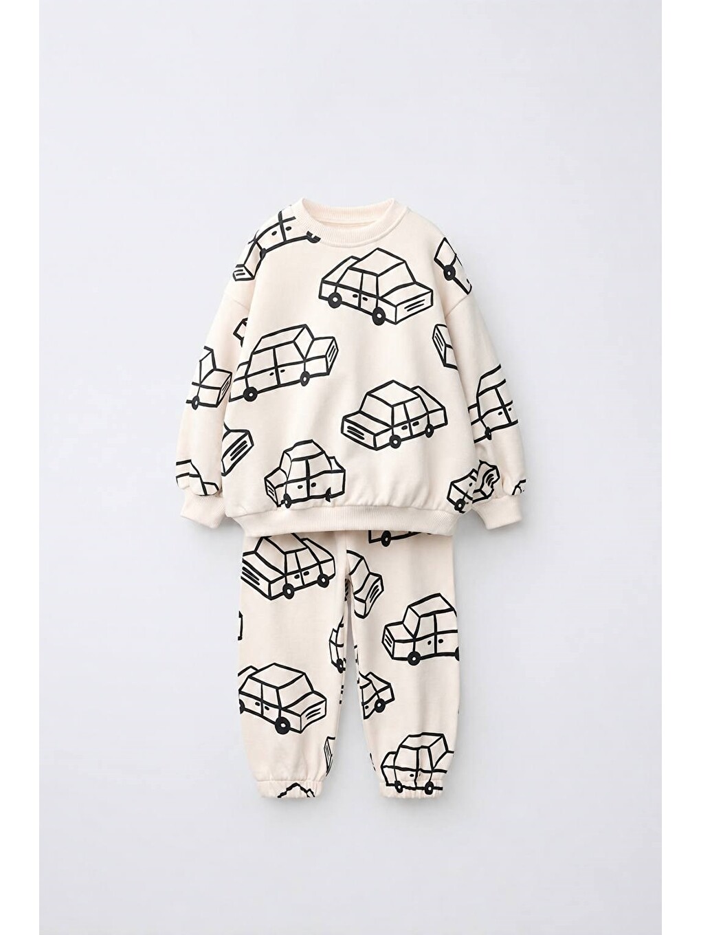 Çocuk Pamuklu Araba Desenli Ekru Sweatshirt Ve Eşofman Altı Takımı