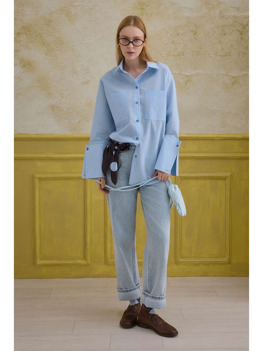 Geniş Manşetli Çizgili Gömlek Mavi-2