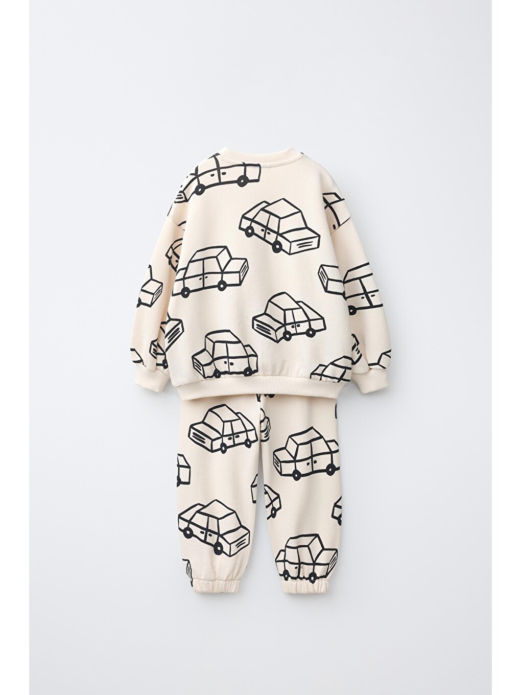 Çocuk Pamuklu Araba Desenli Ekru Sweatshirt Ve Eşofman Altı Takımı-1