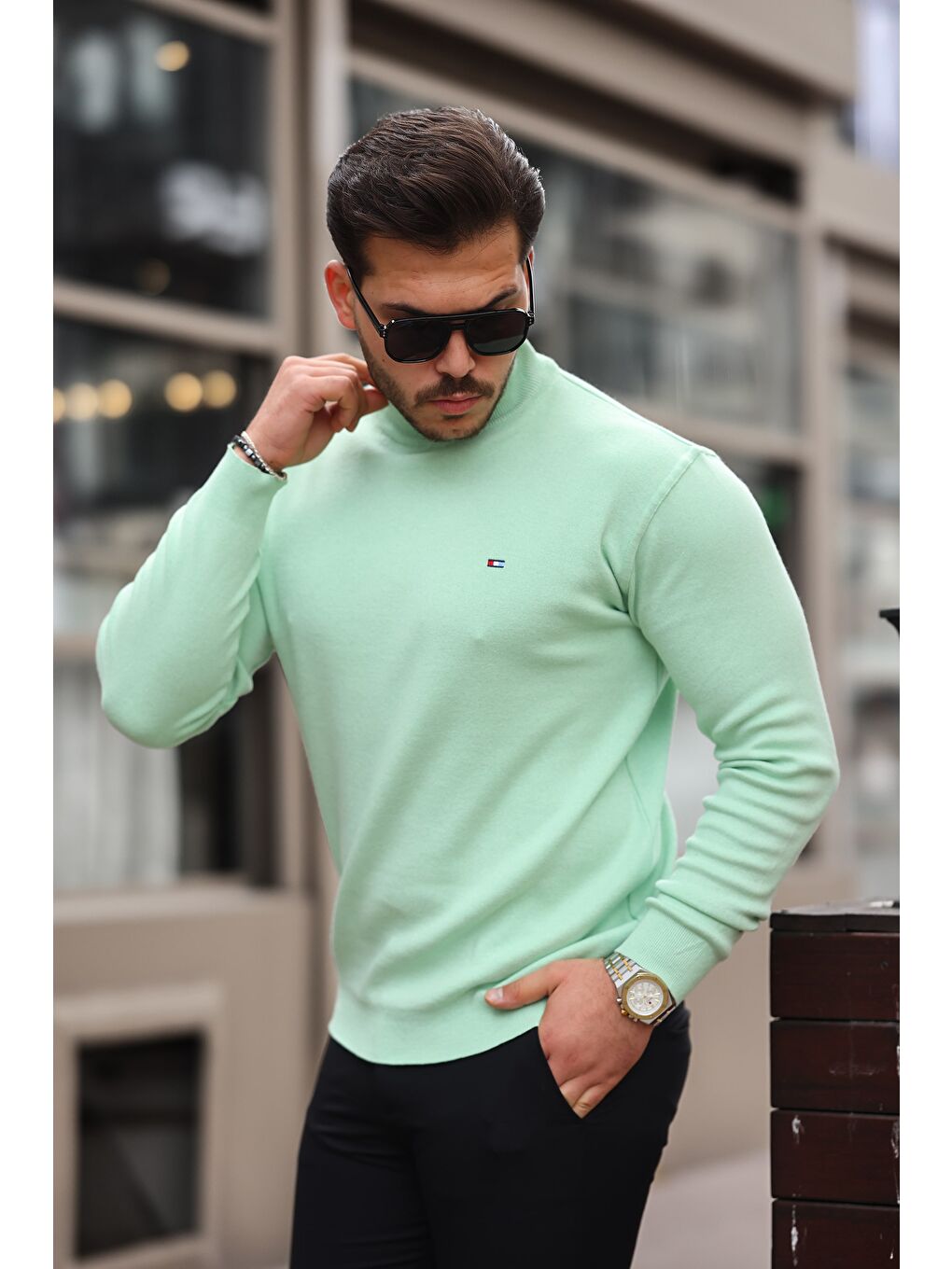 Yeşil Erkek Yarım Balıkçı Yaka Pamuklu Triko Kazak-2