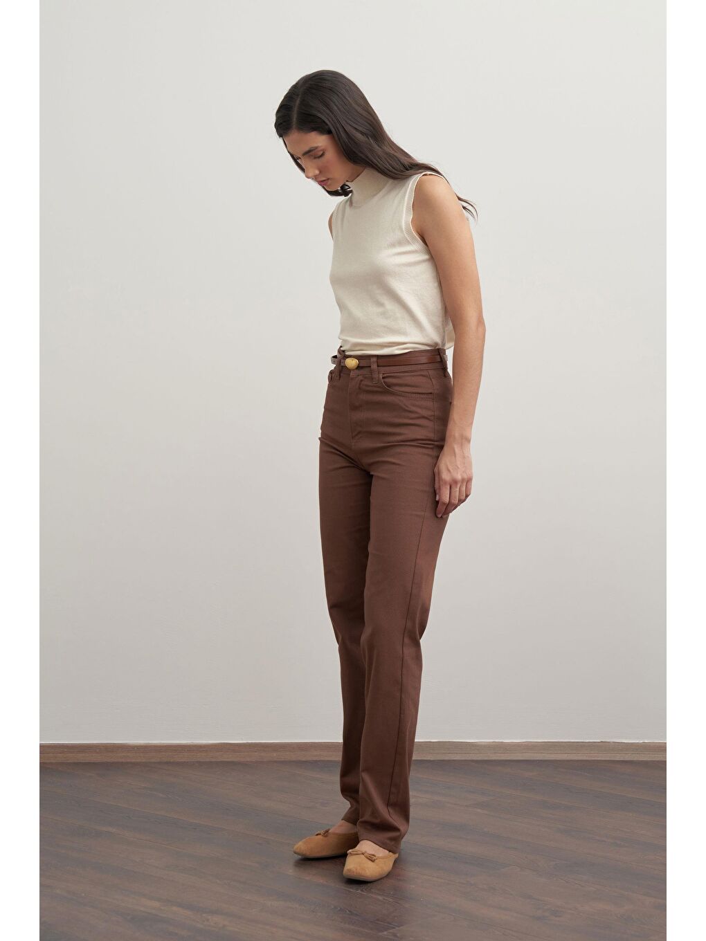 Kahverengi Kahve-Boru Paça Gabardin Pantolon-1
