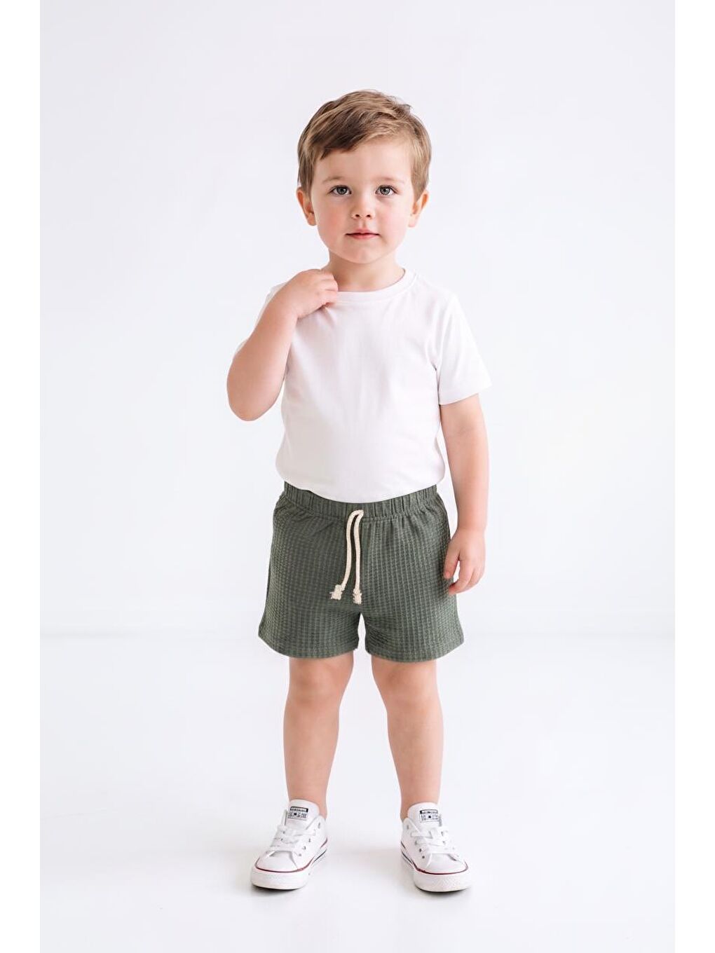 Haki Elastanlı Kabartma Çizgili 2li Şort Paket-3