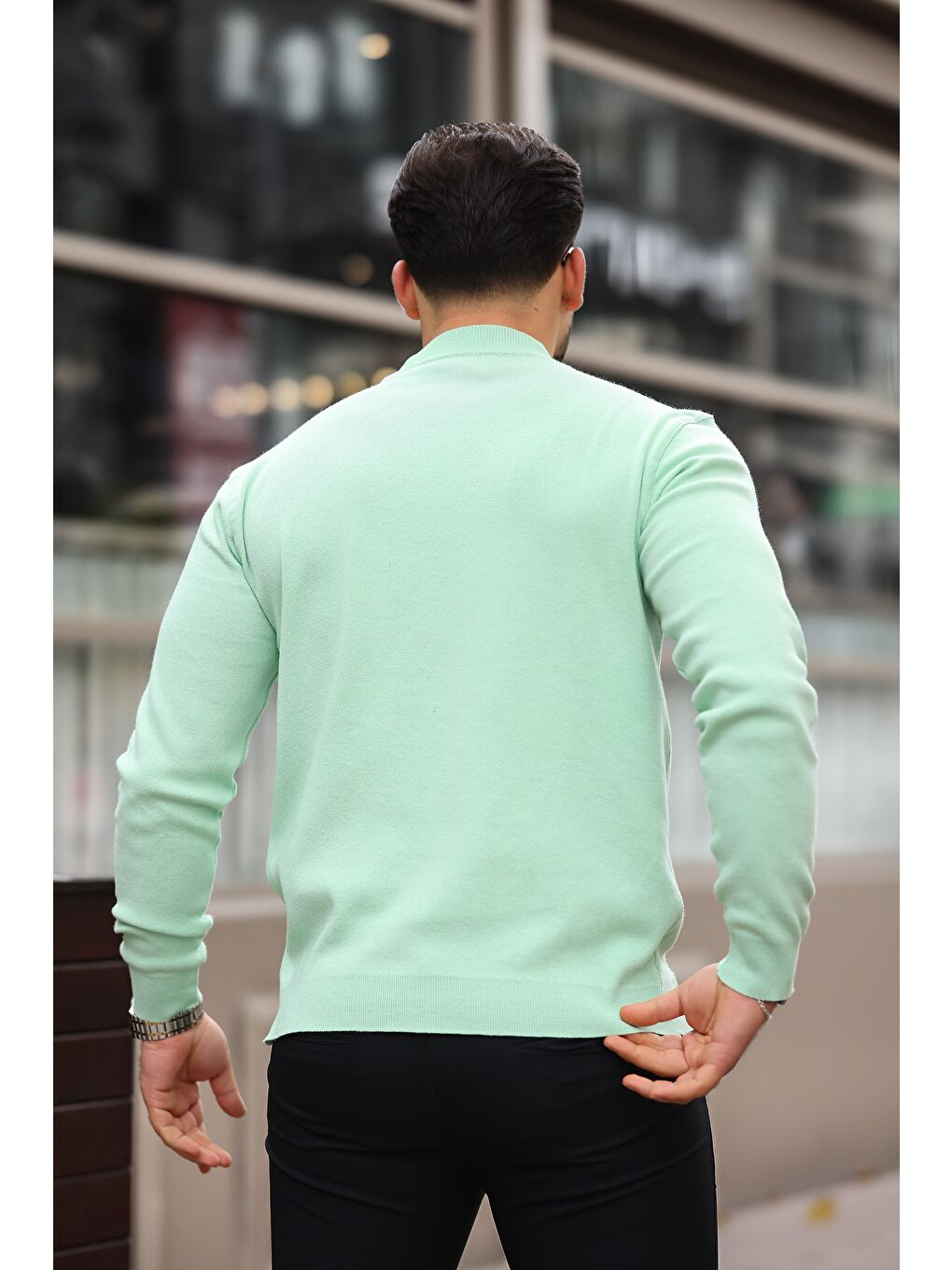 Yeşil Erkek Yarım Balıkçı Yaka Pamuklu Triko Kazak-3