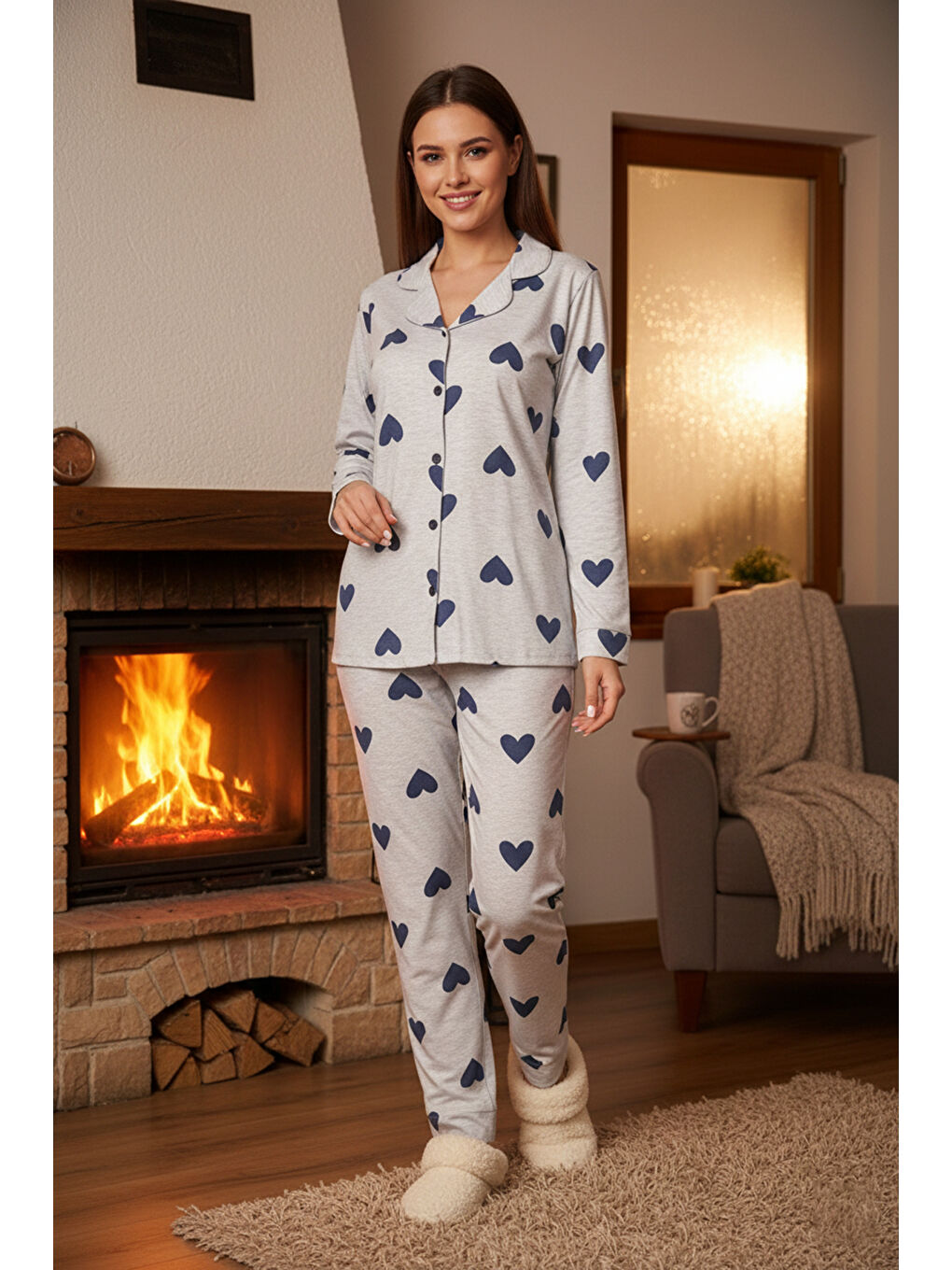 Gri Kadın Kalp Desen Suprem Pijama Takımı 0514 Mavi05-1